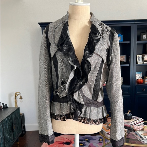Anthropologie H.E. Tweed metallic black & gray with lace and flowers blazer, L - Picture 1 of 8